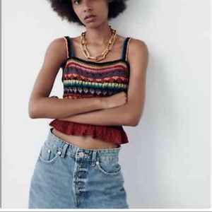Zara Multi Color Crochet Ruffle Hem Cropped Tank Top Size Medium